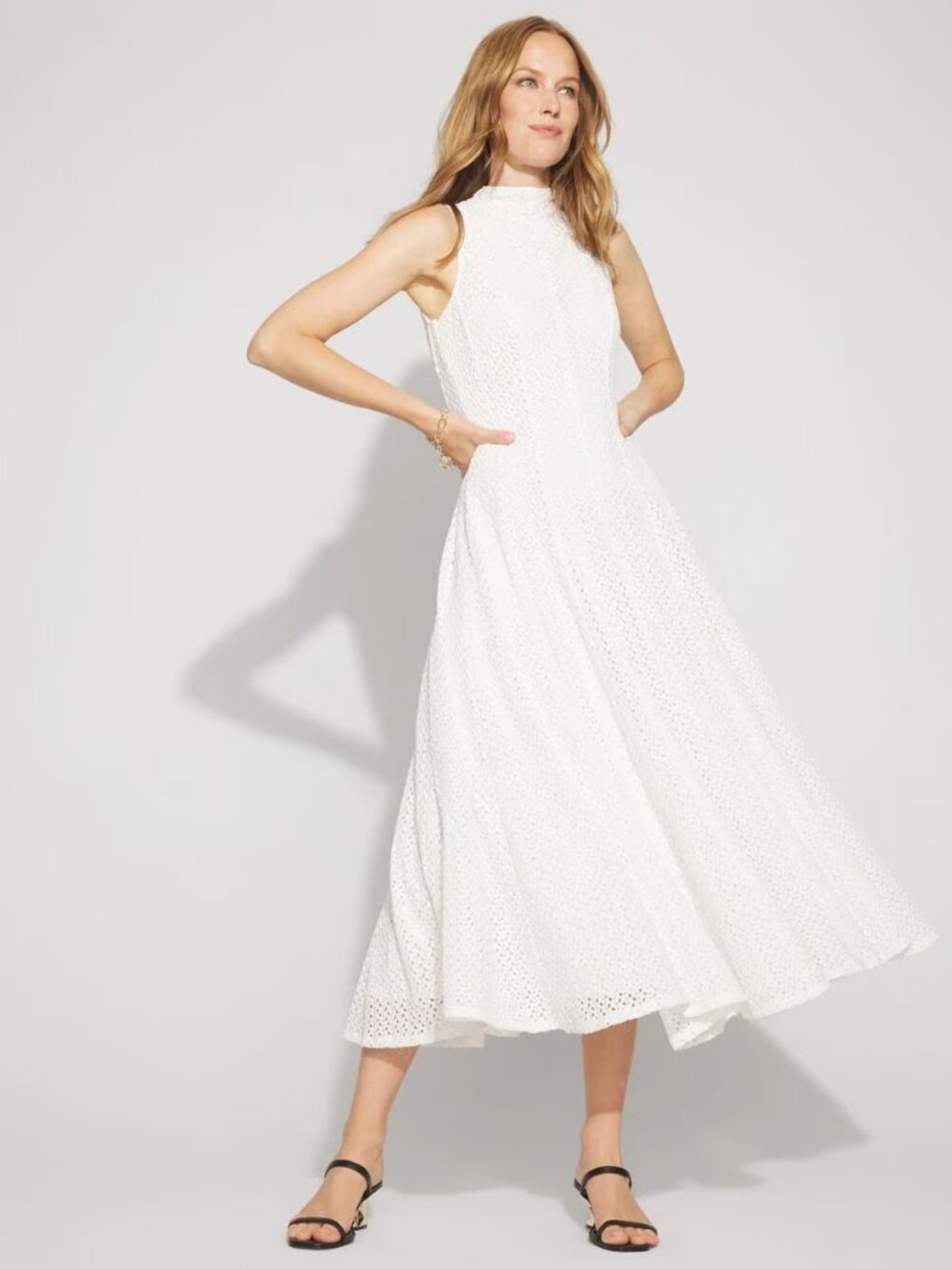 WHBM $240 GORGEOUS! STRETCHY Mock Neck Knit Lace Midi Dress Ecru 10